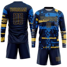 a blue and yellow soccer uniform with the name teamname 00 printed on it's chest