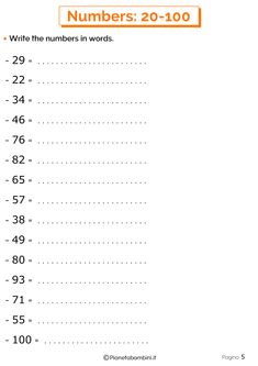 the numbers 20 - 100 worksheet is shown in orange and white with an orange border