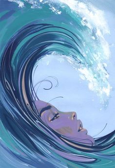 a painting of a woman's face in the middle of a blue ocean wave