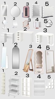 an assortment of white furniture and mirrors on display with numbers in each section to indicate the number of items that are available