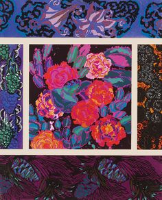 an image of art work with flowers and leaves on purple, blue, orange and black background