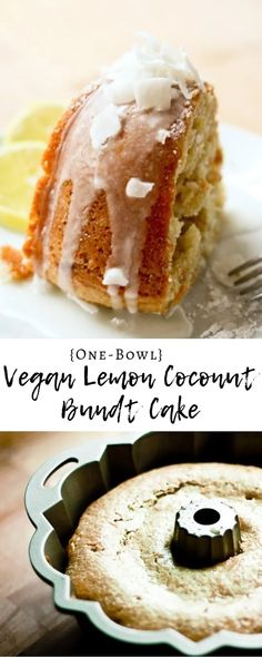 a cake sitting on top of a pan covered in icing next to a lemon coconut bundt cake