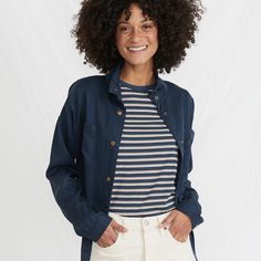 Meet Your New Best Friend. Cropped At The Hip, Slightly Boxy Fit, Ties At The Bottom, Snaps Up The Front, And Plays Nicely With Everything In Your Closet. Featuring 100% Tencel Lyocell That's Been Sand-Washed Down For Extra Softness. Marine Layer Uses It For Its Flattering Drape, Softness, Durability, And Low-Maintenance. Black Iris 100% Tencel Lyocell Cropped Body With A Tie In Front Snaps Up The Front Sand-Washed For Softness Standard Fit Wash Cold, Dry Low Casual Button-up Shacket For Layering, Casual Spring Shacket For Layering, Casual Utility Jacket With Relaxed Fit For Layering, Versatile Long Sleeve Utility Jacket, Spring Button-up Shacket For Layering, Casual Blue Utility Jacket With Relaxed Fit, Navy Button-up Utility Jacket For Work, Blue Casual Utility Jacket For Work, Navy Casual Button-up Utility Jacket