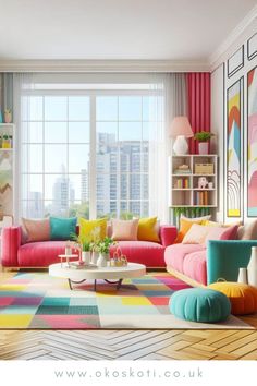 a living room with colorful couches and rugs on the floor in front of a large window