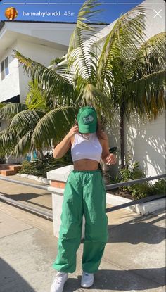 green balloon pants baggy trousers green white tank top fit Cotton Fest Outfits, Green Balloon Pants Outfit, Festival Green Outfit, Green Parachute Pants Outfits, White Balloon Pants Outfit, Bright Green Cargo Pants Outfit, Balloon Trousers Outfit, Green Baggy Pants Outfits, Green Track Pants Outfit