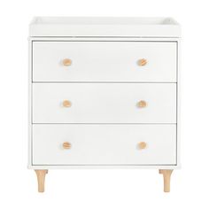 a white dresser with three drawers and two wooden handles on the bottom, against a white background