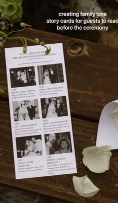 a piece of paper sitting on top of a wooden bench next to flowers and petals