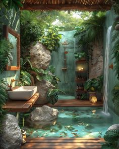 a bathroom with a waterfall in the middle and a sink on the other side, surrounded by greenery