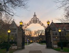 an iron gate is open to let people know what they are going in the distance