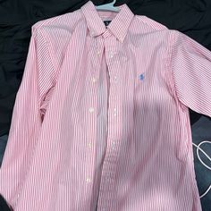 Pink Striped Polo Button Up. Never Worn. White Preppy Top With Buttons, Preppy White Button-up Shirt, White Preppy Shirt With Button Closure, White Button-up Preppy Shirt, Pink Striped Shirt, Striped Shirt Men, Oxford Shirt Men, Mens Flannel Shirt, New Closet