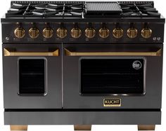 a black and gold stove with two ovens