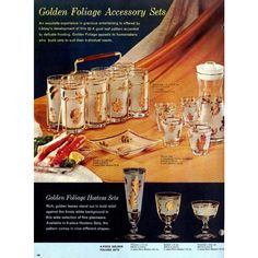 an advertisement for golden foilage accessory sets from the 1950's, with glasses and other items