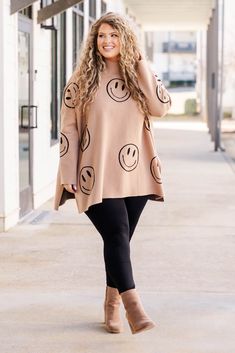 This sweater is sure to make you smile! It is perfect for cold days ahead! Its adorable smiley graphic and lovely mocha color will keep you feeling comfy and stylish! Wear it with skinnies or leggings for a casual chic look! 68% Viscose, 23% PPT, 9% Nylon Trendy Brown Sweater For Loungewear, Long Sleeve Smiley Face Top For Fall, Cute Oversized Sweater For Loungewear, Trendy Fall Tops With Smiley Face, Trendy Smiley Face Tops For Fall, Trendy Fall Smiley Face Tops, Smiley Graphic, Mocha Color, Model Fits