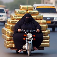 a woman riding on the back of a motorcycle down a street filled with gold bars