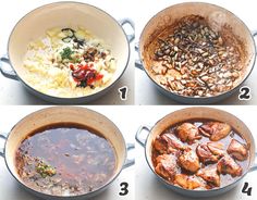 four pictures showing the steps to make chicken stew