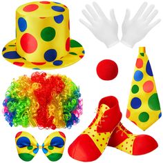 PRICES MAY VARY. A Nice Clown Costume Set: the package contains 1 piece of clown hat, 1 piece of clown wig, 1 piece of clown nose, 1 piece of clown bow, 1 piece of clown tie, 1 pair of clown shoes, and 1 pair of white gloves, a nice clown costume set to meet your cosplay party needs Quality and Reliable Material: the clown costumes are made of quality fabric, etc., which are soft and skin friendly, giving you a comfortable wearing experience; And they are not easy to fade or break, reliable and Multicolor Rave Costume Accessories For Costume Party, Multicolor Rave Costume Accessories, Multicolor Novelty Costume Accessories For Carnival, Yellow Costume Accessories For Halloween Cosplay, Multicolor Costume Accessories For Cosplay Events, Multicolor Carnival Cosplay Costumes, Multicolor Halloween Costumes For Themed Events, Yellow Halloween Cosplay Costume Accessories, Novelty Costumes For Costume Party In Winter