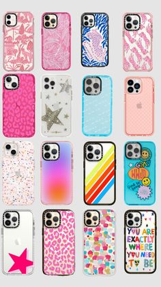 many colorful cases are arranged in rows on a gray background and one has a pink star