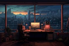 a computer desk sitting in front of a window with a view of the city at night