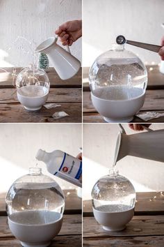 four pictures showing how to make a fish bowl with water and sand in it on a wooden table