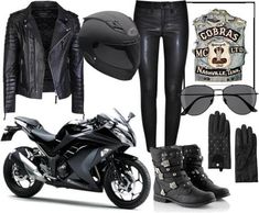 a black motorcycle outfit with boots, gloves and helmet is shown in the image above