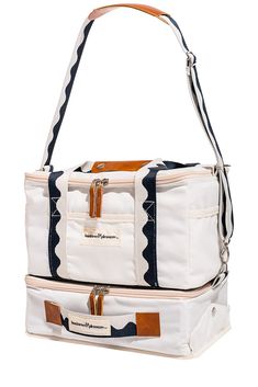 a white and blue bag with two compartments