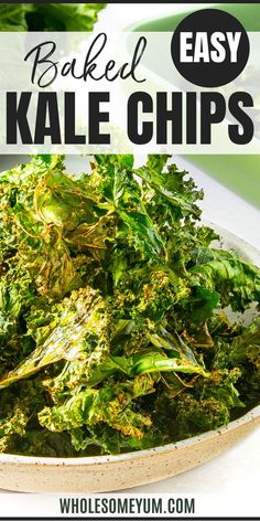 baked kale chips in a bowl with text overlay