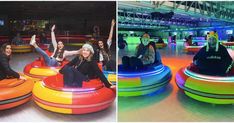 two pictures side by side, one with people on inflatables and the other with neon lights