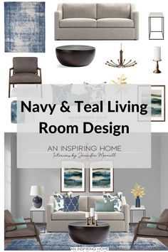 the navy and teal living room design is featured in this postcard from an interior designer