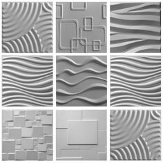 several images of different shapes and sizes of wall tiles, all in white with wavy lines