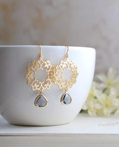 Black Diamond Grey Glass Drop Gold Ornate by KiraKiraDesign, $26.50 Opal Band Ring, Chandelier Earring, Gold Filigree Earrings, Golden Pearl, Dangle Earrings Gold, Gray Earrings, Stone Dangle Earrings, Filigree Pendant, Classy Jewelry