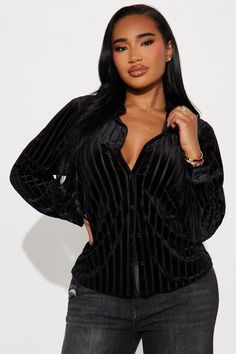 Available In Black And Brown. Banded Collar Neck Long Sleeve Button Up Detail Velvet Detail Striped Stretch Shell 95% Polyester 5% Elastane Lining 100% Polyester Imported | CEO Velvet Striped Shirt in Black size Medium by Fashion Nova Luxury Pinstripe Long Sleeve Top, Black Button-up Top For Rodeo, Velvet Long Sleeve Blazer With Button Closure, Chic Velvet V-neck Top, Women Ceo, Pinstripe Long-sleeved Shirt With Button Closure, Womens Camisoles, Collar Neck, Mama Style