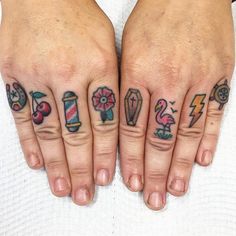 two hands with different tattoos on them