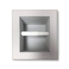 an empty toilet paper dispenser in a white wall mounted box with one roll