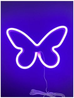 a purple neon sign with a butterfly on it's back and an electric cord in the middle