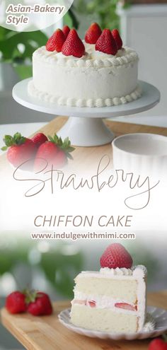 strawberry chiffon cake with fresh strawberries on top and the title overlay reads, strawberry crumbly chiffon cake