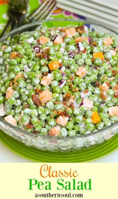 peas salad in a glass bowl on top of a green plate