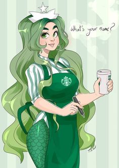 a drawing of a mermaid holding a coffee cup with the caption, what's your name?