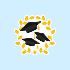 three graduation caps in a circle surrounded by yellow leaves and stars on a light blue background