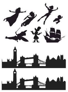 the silhouettes of various disney characters flying over london