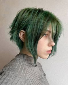 Short Bob Dyed Hair, Tomboy Twintails Haircut, Green Highlights Hair, Green Hair Inspiration, Tomboy Sidetails, Green Hair Short, Moss Green Hair, Fairy Haircut, Green Short Hair