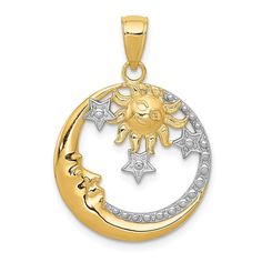 14k Yellow Gold & White Rhodium Round Celestial Pendant, 20mm (3/4 in) C Moon, Sun Pendant, Gold Moon, Rose Jewelry, Moon Stars, Circle Design, Fine Jewelry Gift, Star Charms, Fine Jewellery Necklace