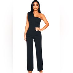 Get Ready To Turn Heads In This Black Jumpsuit, Tailored For Petite Babes. The Wide Leg Fit And One Shoulder Detail Paired With Statement Earrings And Nude Heels Is The Insta Worthy Outfit That's Foolproof. 95 % Polyester 5% Elastane Pretty Little Thing Size 00 New With Tags Get Christmas Party Ready With This Jumpsuit. It Features A Wide Leg Fit And One Shoulder Drape Detail. Holiday Weekend Parties New Years Special Occasion Jumpsuits 11 Inches Armpit To Armpit 10 Inches At The Waistline 54 In Sleek Black Jumpsuits And Rompers For Party, One-shoulder Jumpsuits And Rompers For Date Night, Sleek Jumpsuits And Rompers For Going Out, Black One-shoulder Bodysuit For Party, Black One-shoulder Jumpsuits And Rompers For Formal Events, Black One-shoulder Jumpsuit For Date Night, Black One-shoulder Jumpsuit For Formal Occasions, Trendy Fitted Pantsuit For Night Out, Black Strapless Jumpsuit For Night Out