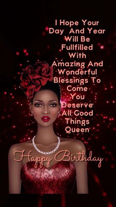 a woman in a red dress with flowers on her head and the words happy birthday