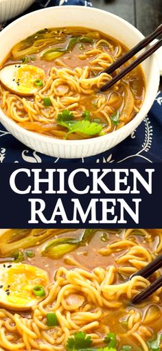 chicken ramen in a white bowl with chopsticks on the side and an image of