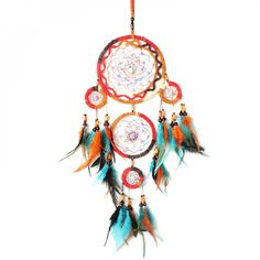 a dream catcher with feathers hanging from it's side on a white wall background