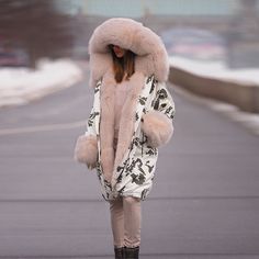 Chic pattern faux fur hood coat Oversized and chic, soft pink fur 44" from shoulder Down and puffer fill Poly blends Winter Coat Women, Big Wool, Fur Hood Coat, Winter Collars, Loose Coats, Long Sleeve Jacket, Cotton Coat, Brown Girl, Coat Women