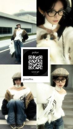 a collage of photos with a woman wearing glasses and a fur coat in front of a building