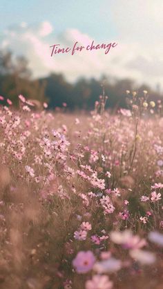 a field full of pink flowers with the words time for change