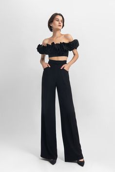 Off-shoulder ruffled crepe top, paired with straight cut crepe pants and a detachable belt - HerTrove Luxury Black Elegant Off-shoulder Top, Luxury Off-shoulder Pre-draped Maxi Dress, Black Embellished Off-shoulder Dress, Chic Off-shoulder Crop Top With Ruffles, Black Off-shoulder Blouse With Ruffles, Straight Cut Pants, Crepe Top, Straight Cut, Off Shoulder Tops