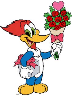 cartoon character holding a bouquet of flowers